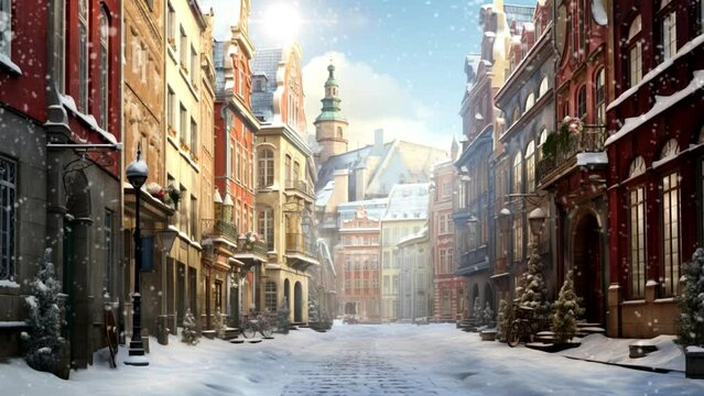 street in the old town in winter, loop video background animation, cartoon anime style, for vtuber / streamer backdrop