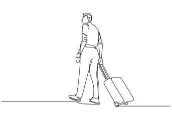 One line drawing travel man. Person with suitcase walking