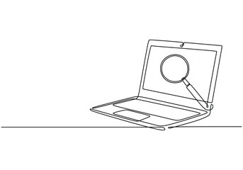 Find and search one line drawing. Continuous outline of laptop and magnifying glass