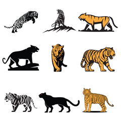 Obraz premium set of tiger vector element design, africa, african, america, animal, asia, black, cat, drawing, illustration, design, graphic, lion, mammal, nature, panther, predator, print, safari, set, sketch