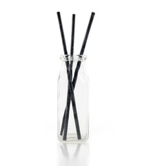 Isolated incense holder with incense sticks in transparent glass vase or jar. Incense burner with...