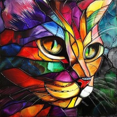 Stained glass art depicting a beautiful cat.
