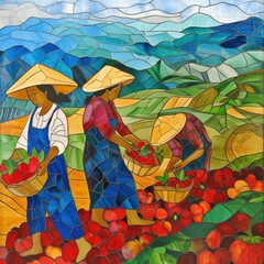 Stained glass image of a villager picking fruit on the mountain.