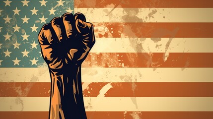closeup on the fist of a black man raised, USA flag grunge style background, 60s protest illustration, Martin Luther king’s day, Juneteenth or black history month concept - obrazy, fototapety, plakaty