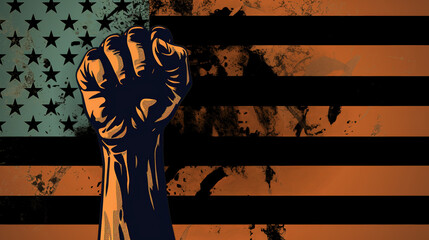 closeup on the fist of a black man raised, USA flag with black bars or stripes and stars flag grunge style background, Martin Luther king’s day, Juneteenth or black history month concept - obrazy, fototapety, plakaty