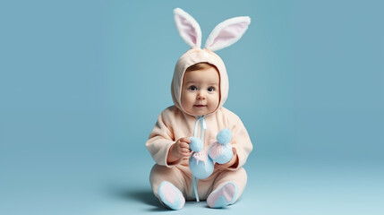 Obraz na płótnie Canvas 16:9 or 9:16 Photo of a cute baby wearing a bunny costume is happily playing with Easter eggs.for backgrounds screens greeting card or other High quality printing projects.