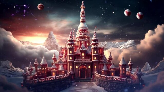 A castle floating in the clouds with towers made of candy canes and gingerbread in the night, loop video background animation, cartoon anime style, for vtuber / streamer backdrop