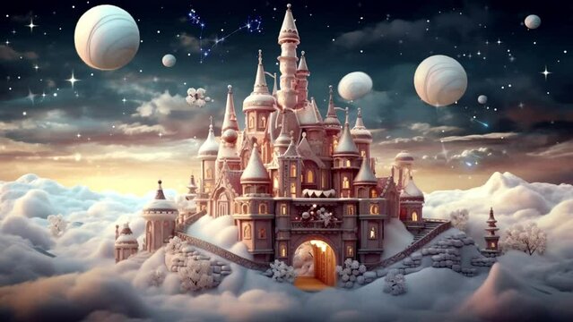 A castle floating in the clouds with towers made of candy canes and gingerbread in the night, loop video background animation, cartoon anime style, for vtuber / streamer backdrop