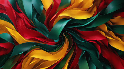 Vibrant illustration with red, yellow, and green swirling ribbons symbolizing Black History Month and racial equality. - obrazy, fototapety, plakaty