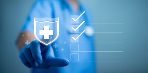 Medical worker touch plus icon for medical and health care concept, Access to welfare health,...