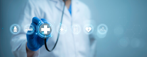 .A medical worker using virtual with health care icons, medical technology background, health...