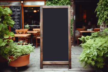 Empty menu board in front of the entrance restaurant or coffee cafe background for mock up, clean sign chalkboard banner at outdoor on sidewalk. - obrazy, fototapety, plakaty