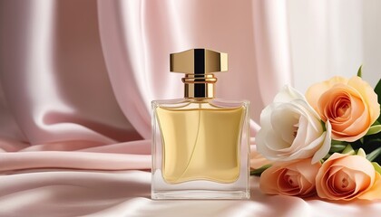 Luxury in Light: Elegant Perfume Bottle and Fresh Flowers