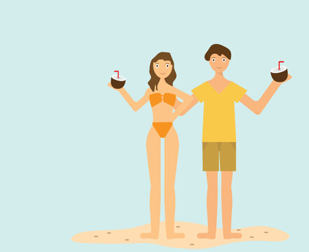Young couple enjoying beach site and drinking coconut water with wearing summer cloths and standing at beach. Flat vector illustration.
