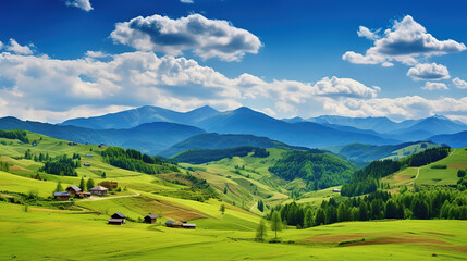 Panorama of beautiful countryside of romania, sunny afternoon, wonderful springtime - obrazy, fototapety, plakaty