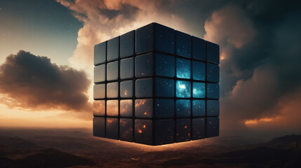 Stellar Rubik's Cube Hovering Above Terrain at Dusk

 - obrazy, fototapety, plakaty