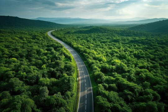Aerial view of asphalt road and green forest, Beautiful fresh green natural scenery of hilltop. Healthy environment. Natural landscape. © TANATPON