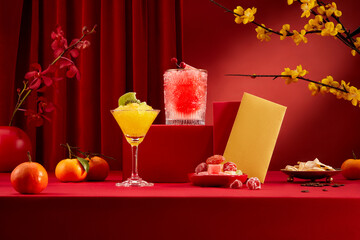 A party table with colorful cocktails, fruit jam, lucky money envelope, tangerines, yellow apricot...