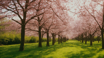 Fototapeta na wymiar Cherry Blossoms in Full Bloom Along a Serene Pathway