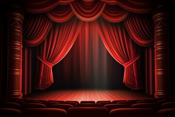 Timeless theater stage with red curtain and seats for an emotional play. Ideal for posters, graphic design or other applications. Generative AI - obrazy, fototapety, plakaty