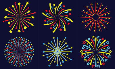 Set of colorful fireworks. Festive explosion of fireworks with stars and sparks.celebration party, anniversary or festival, explosion stars. Celebrations birthday or Christmas. Vector illustration. 