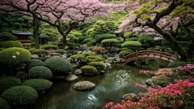 Zen garden near the forest during drizzling rain. seamless time lapse looping virtual 4k video animation background. Generated with AI