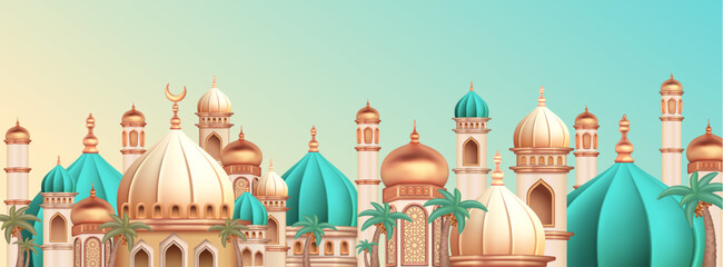3d illustration of an exquisite mosque building model decorated with glossy brass dome, for Ramadan Mubarak, Eif al fitr and Eif al Adha, 3D rendering illustration - 699919457