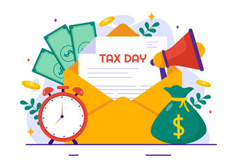 Obraz premium Happy Tax Day Vector Illustration on 15 April with Clipboard Tax Form, Clock, Pen, Coins Money and Paper Document to Pay the bills in Flat Background