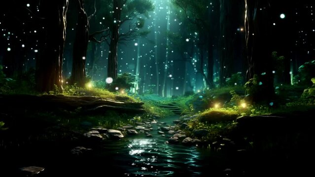A forest where the trees are made of living, breathing light, loop video background animation, cartoon anime style, for vtuber / streamer backdrop
