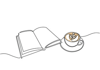 Book with coffee in continuous one line drawing. Reading and relaxing concept