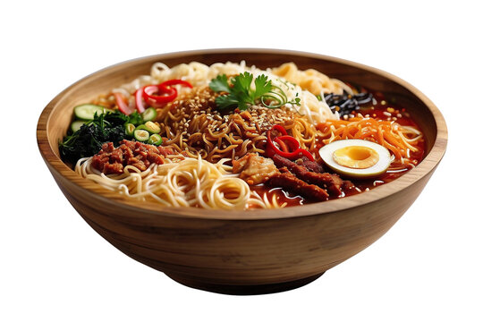 Bowl of Noodles. spicy ramen served in a rustic wooden bowl against a clean white backdrop. The vibrant colors and intricate details of the noodles. PNG