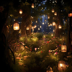 Obraz na płótnie Canvas A secret garden illuminated by the soft glow of firefly lanterns.