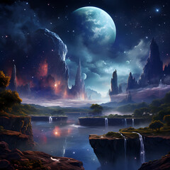 Cosmic night sky over a landscape with floating islands and waterfalls.