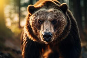Close-up of a bear with sunlight hitting it, looking at a point.
