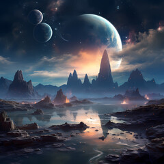 Dreamy celestial landscape with multiple moons.