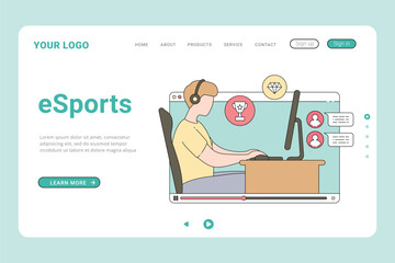 E-sports player landing page or web banner with character playing video games in a headphones with a gamepad vector illustration