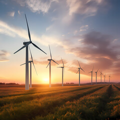 Group of wind turbines generating energy in a field at twilight.
