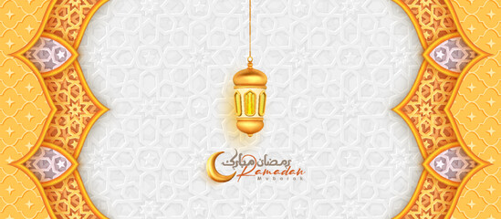 Arabic Islamic Golden Ornamental Background with Lantern Ramadan Mubarak decorative Islamic Pattern - 699922445