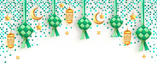 Ketupat, crescent and lantern as Islamic decoration background for ramadan mubarak, eid al fitr with copy space text area, 3D vector illustration - 699922806