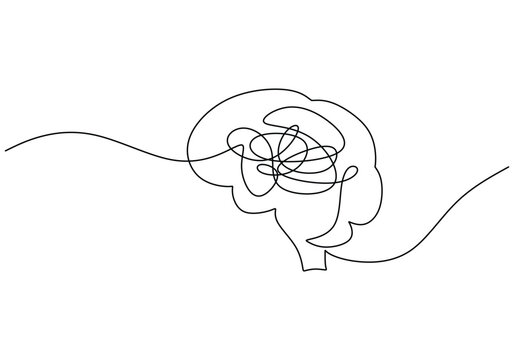 Confused brain in continuous one line drawing. Cheos thinking and mental health concept