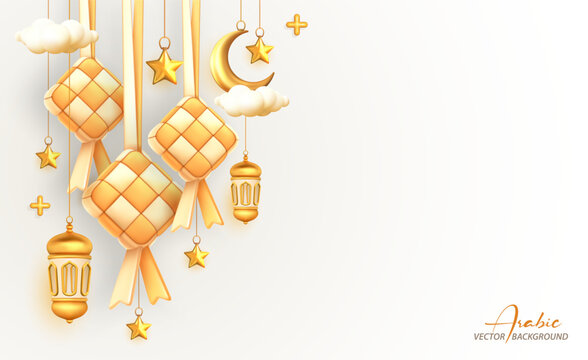 Ketupat, crescent and lantern as Islamic decoration background for ramadan mubarak, eid al fitr with copy space text area, 3D vector illustration