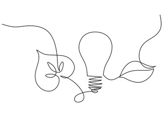 Continuous line drawing. Light bulb with leaf. Concept of sustainable power