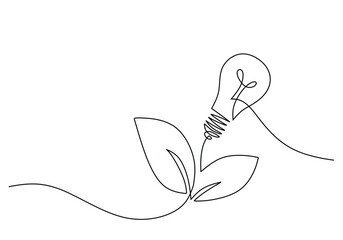 Continuous line drawing. Light bulb with leaf. Concept of sustainable power