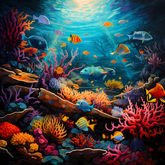 School of colorful fish swimming through an underwater garden of coral.