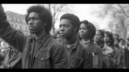 Black and white image of individuals demonstrating, suitable for Black History Month and themes of empowerment and civil rights. - obrazy, fototapety, plakaty