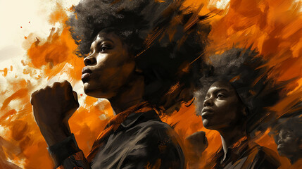 Artistic representation of Black History Month with figures conveying power and determination amidst warm tones. - obrazy, fototapety, plakaty