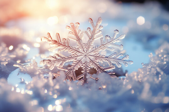 Closeup of snowflake in winter