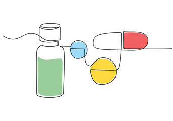 Pills medicine in continuous one line drawing. Healthcare bottle and drugs