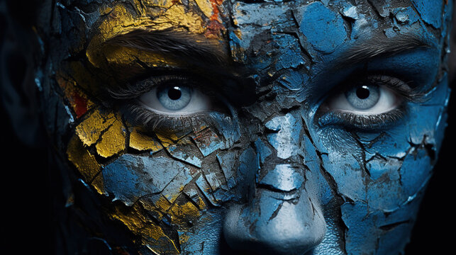 A close-up of a person's face with blue and yellow paint splatters, creating a unique and artistic appearance. Caked and cracked paint.