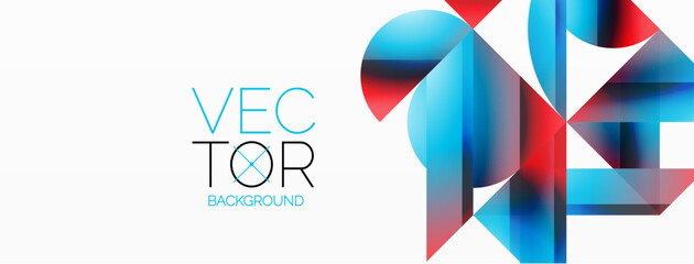 Vibrant color triangles and circles on white background intertwine to create captivating and harmoniously balanced composition for digital designs, presentations, website banners, social media posts